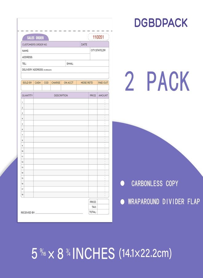 DGBDPACK Sales Order Book 2 Pack, 2 Part Carbonless Invoices, White/Canary, 5-9/16 x 8-3/4 Inches, Receipt Book 50 Units per Book - Image 2
